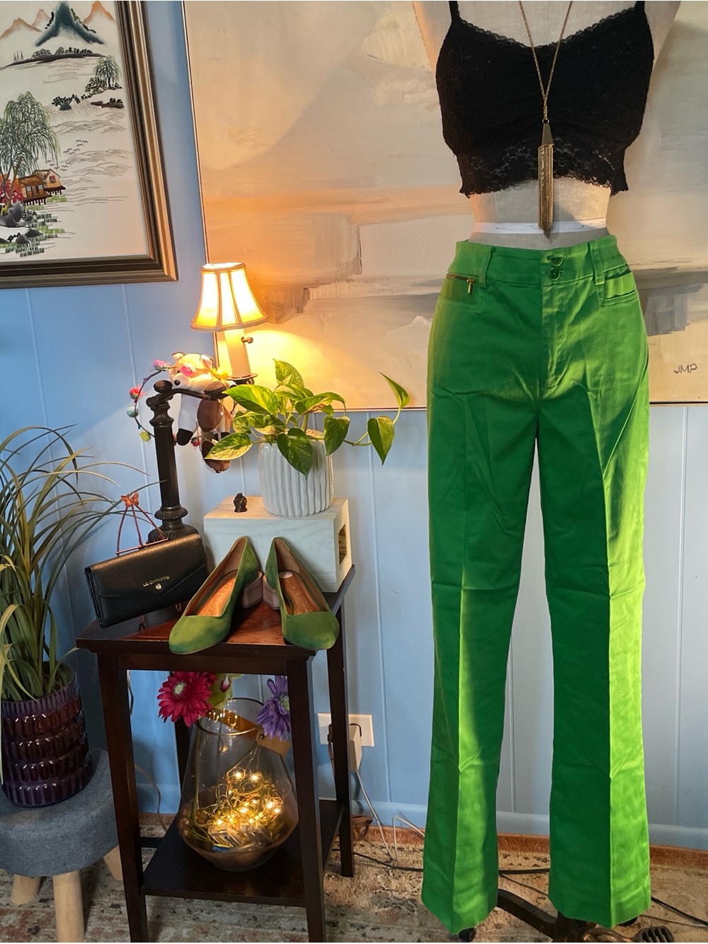 Ralph Lauren Kelly Green Wide-Leg Cotton Trousers